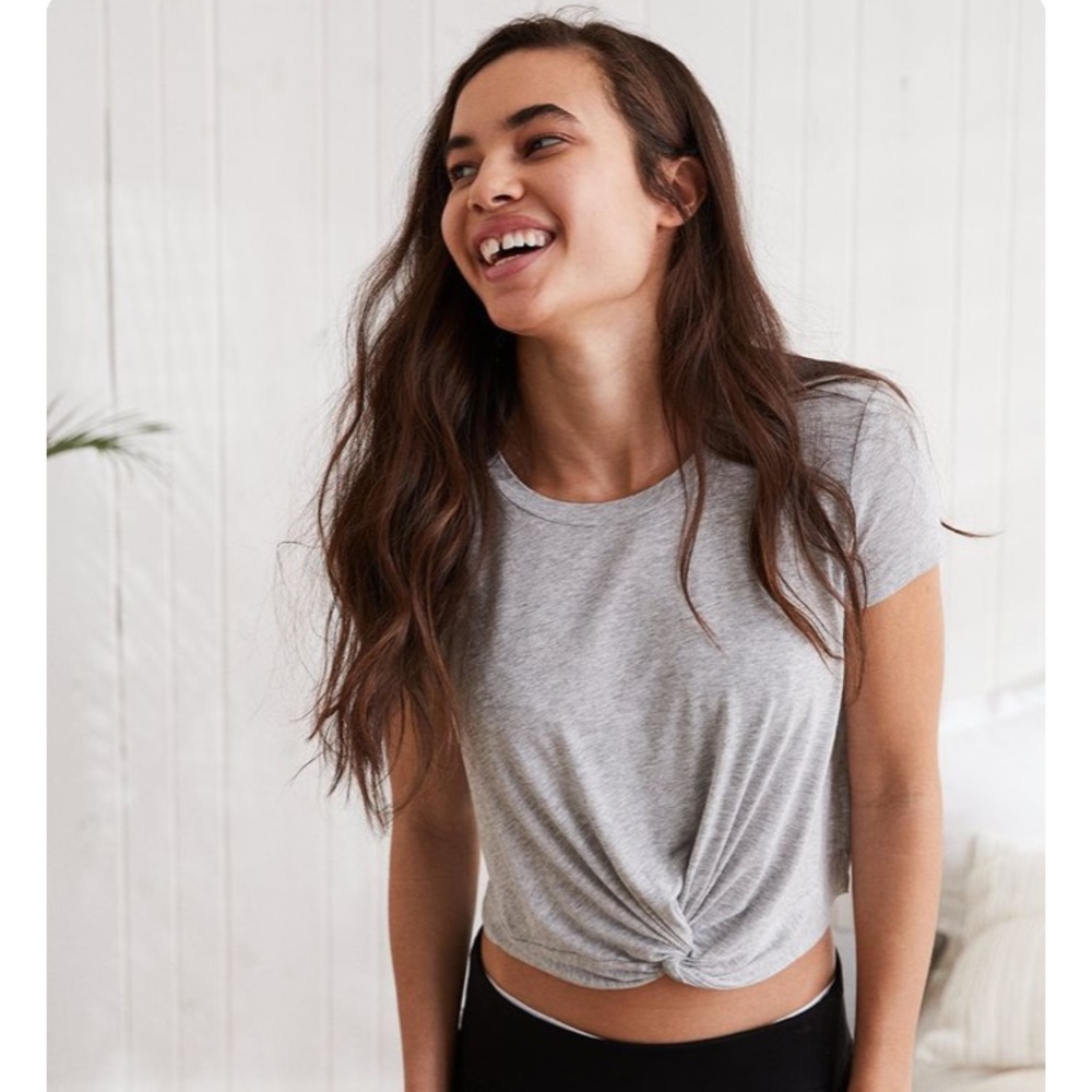 Aerie Gray Knot Front Short Sleeve Top